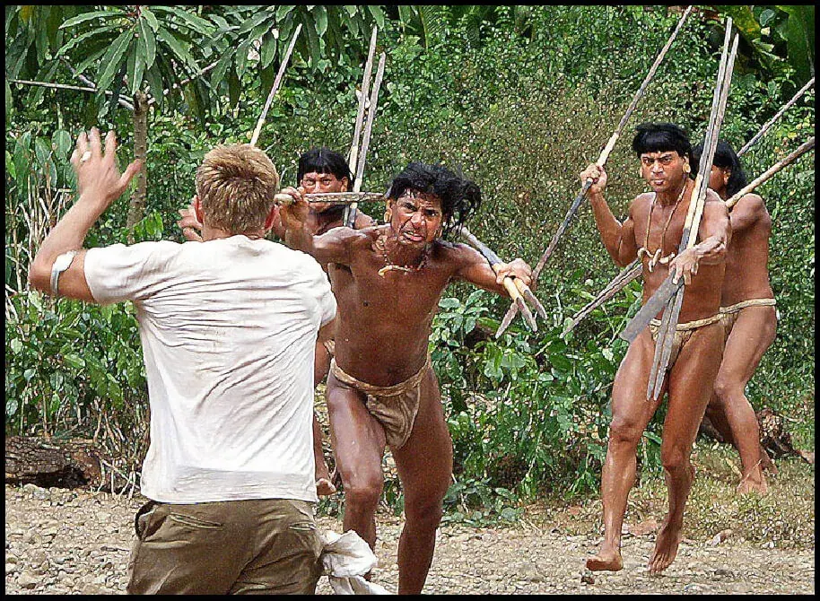 Waodani actors reenacting a spear-throwing scene for End of the Spear